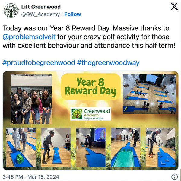 Reward days in secondary schools using mobile crazy golf